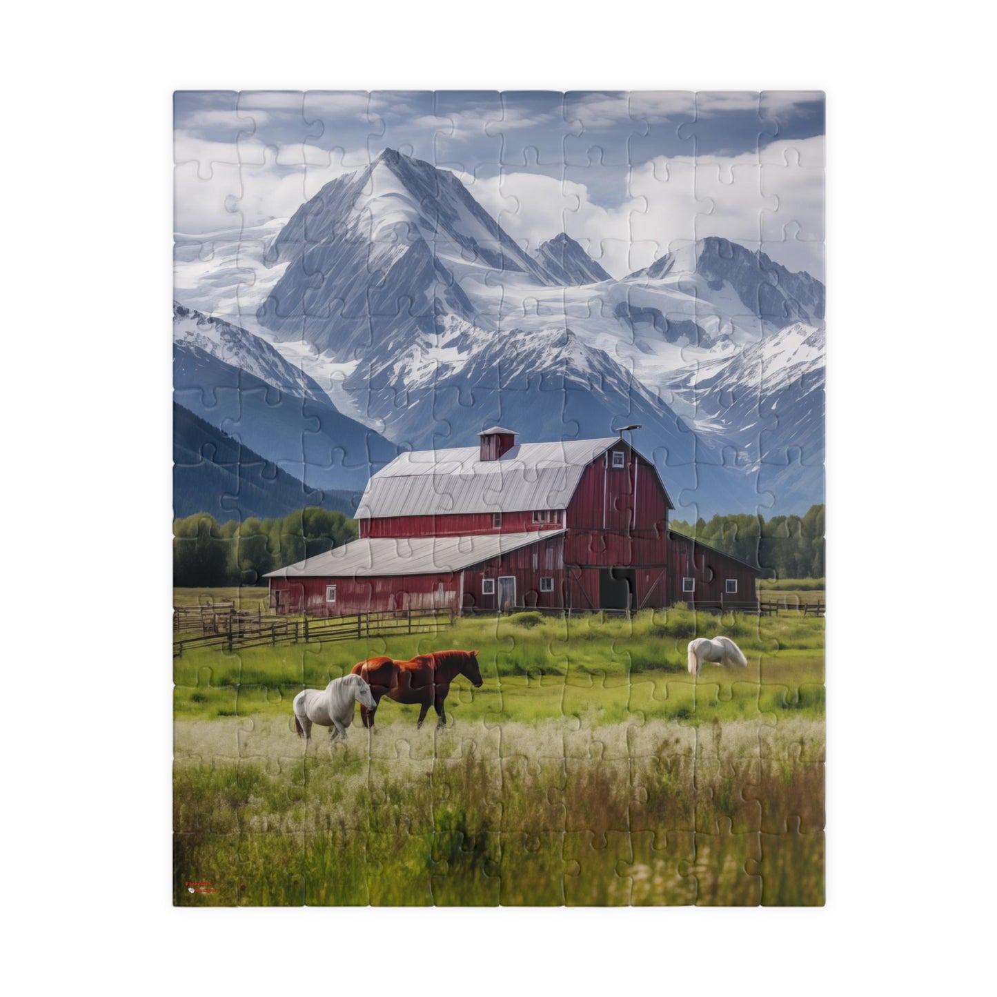 Country Scenic Puzzle with Red Barn, Horses, Mountains, 110-1014 Pieces Beautiful Scenic Country Living Horses Jig Saw America Family Fun Tabletop Indoor Games