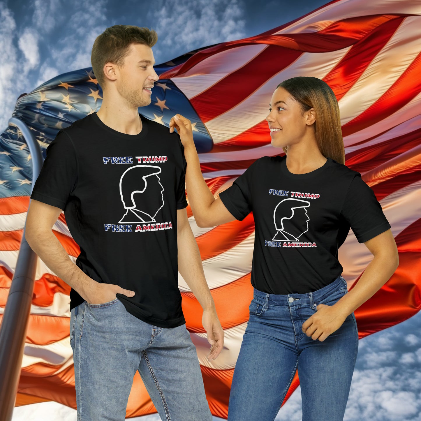 Free Trump Free America Unisex Jersey Short Sleeve Tee | MAGA America First POTUS 45 Donald American Freedom Save USA Republican 2024