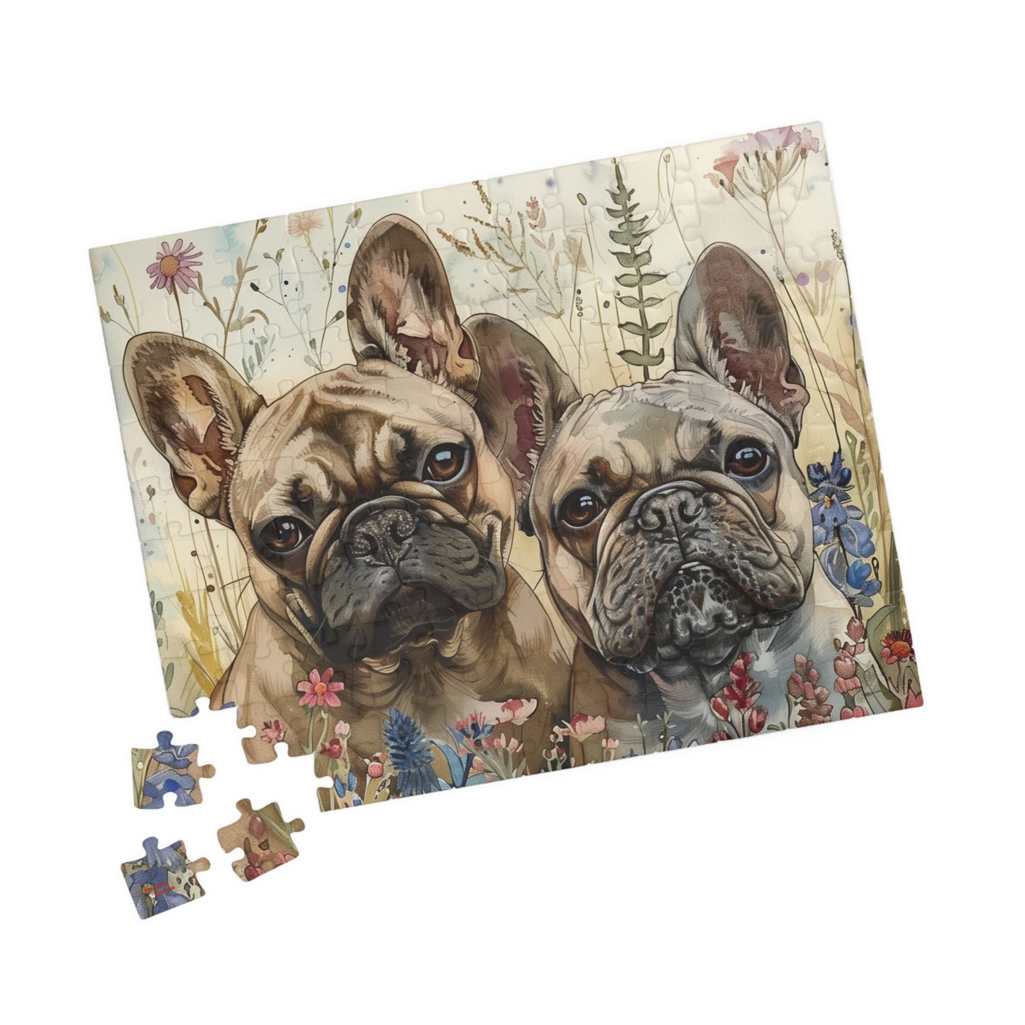French Bulldog Pups Puzzle in Wildflowers (110, 252, 520, 1014-piece) Wildflowers Watercolor Jig Saw Family Pet K9 Canine Friend Buddy Tabletop Game 1000 500