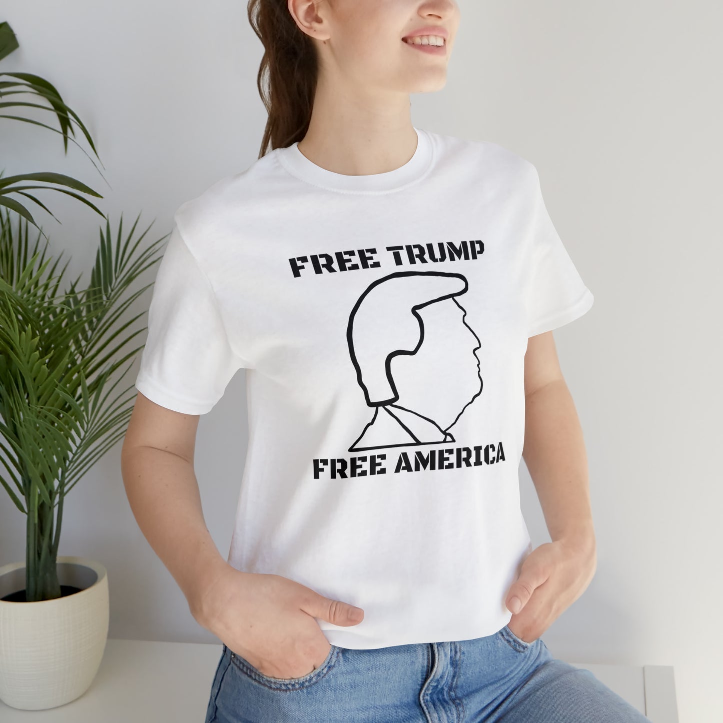 Free Trump Free America Bold Text Unisex Jersey Short Sleeve Tee | MAGA America First POTUS 45 Donald American Freedom Save USA Republican 2024