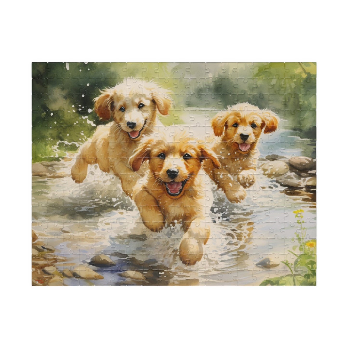 Three Golden Puppies Puzzle Jigsaw Cute Retrievers Playing in Stream Dog Dogs Watercolor Jig Saw