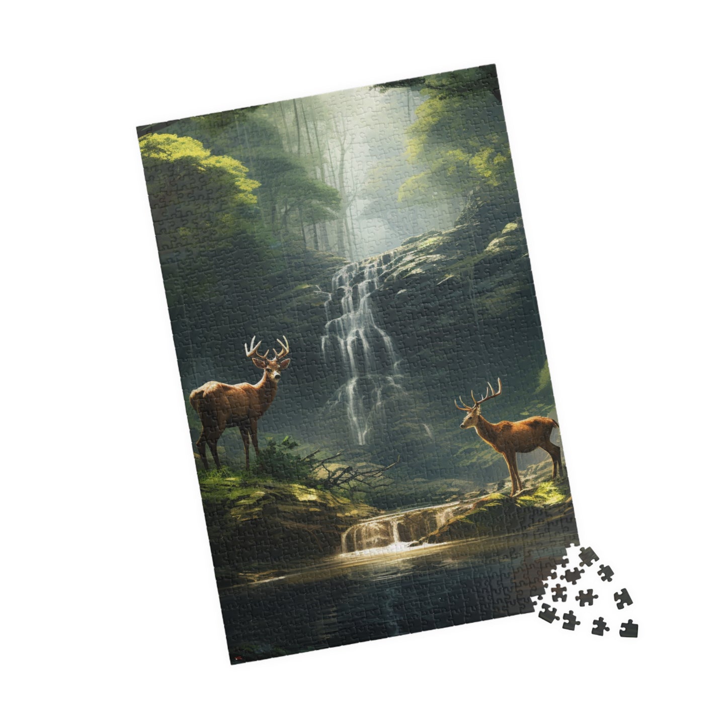 Deer in the Woods Puzzle (500, 1014-piece) | Animal Life Nature Trees Waterfall Light God's Creatures Stag Doe Buck Flora Fauna