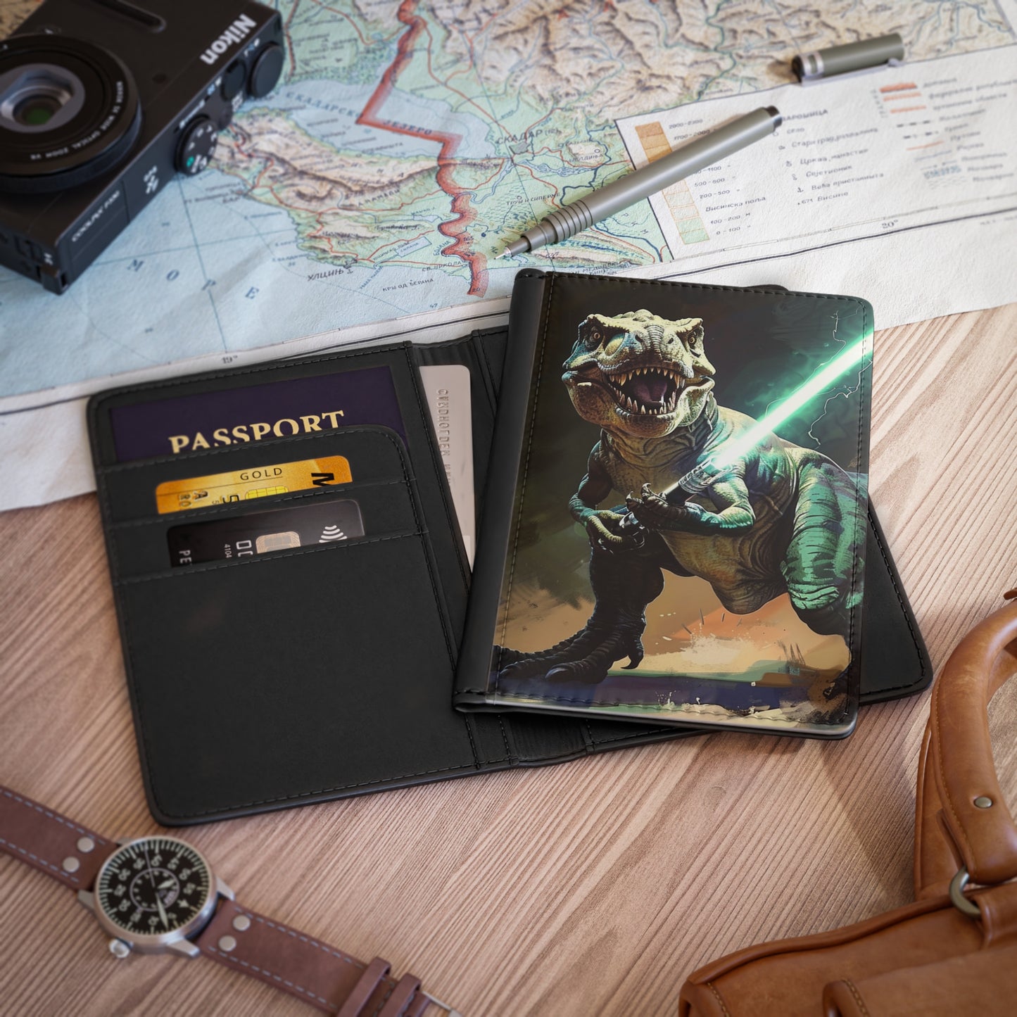 Dinosaur Passport Cover, T-Rex Holding Lightsaber Print, Black Faux Leather, 3.9" x 5.8", RFID Blocking, Card/Cash Pockets