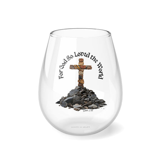 Stemless Wine Glasses with Crucifix of Rocks and Bible Verses, 11.75 oz, 100% Glass, Glossy Print, John 3:16, Mathew 28:6, Deuteronomy 32:4