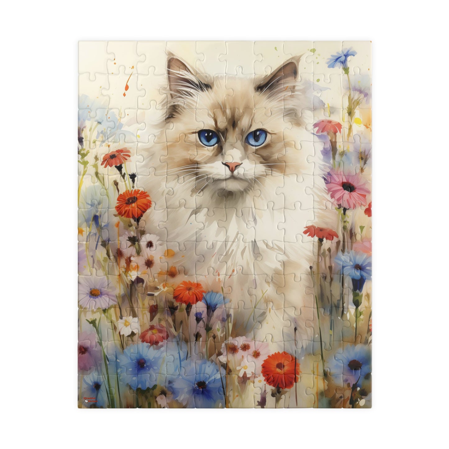 Ragdoll Cat in Wildflowers Watercolor Puzzle, 100% Chipboard, 110-1014 Pieces, Glossy Laminated Finish Feline Pussycat Kitten Family Pet Jig Saw Animals Girls Women Lady
