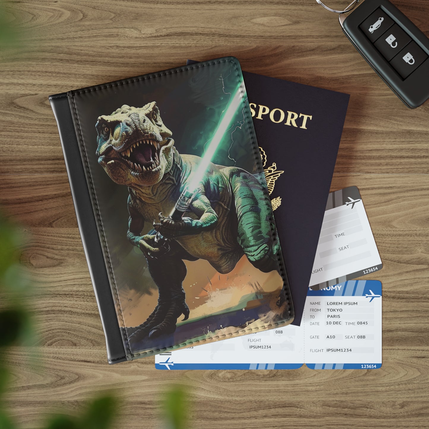 Dinosaur Passport Cover, T-Rex Holding Lightsaber Print, Black Faux Leather, 3.9" x 5.8", RFID Blocking, Card/Cash Pockets