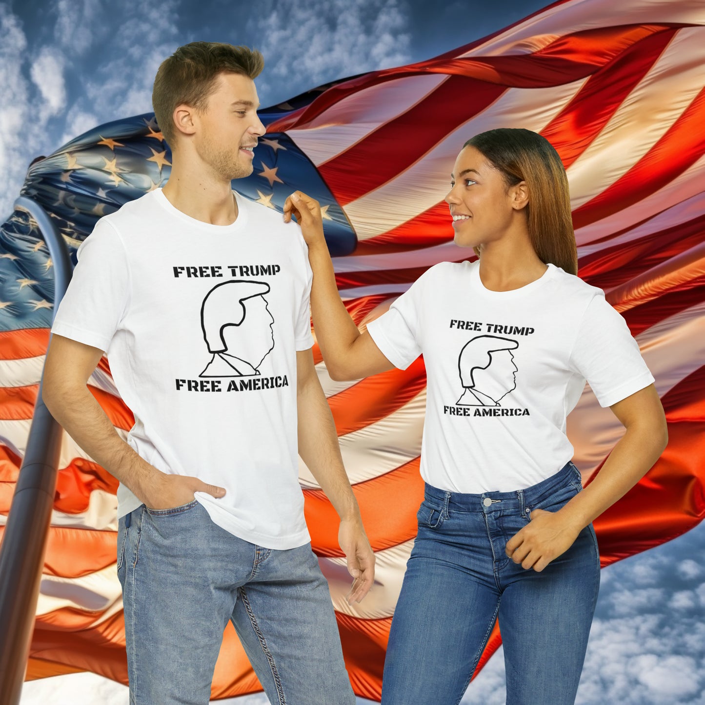 Free Trump Free America Bold Text Unisex Jersey Short Sleeve Tee | MAGA America First POTUS 45 Donald American Freedom Save USA Republican 2024