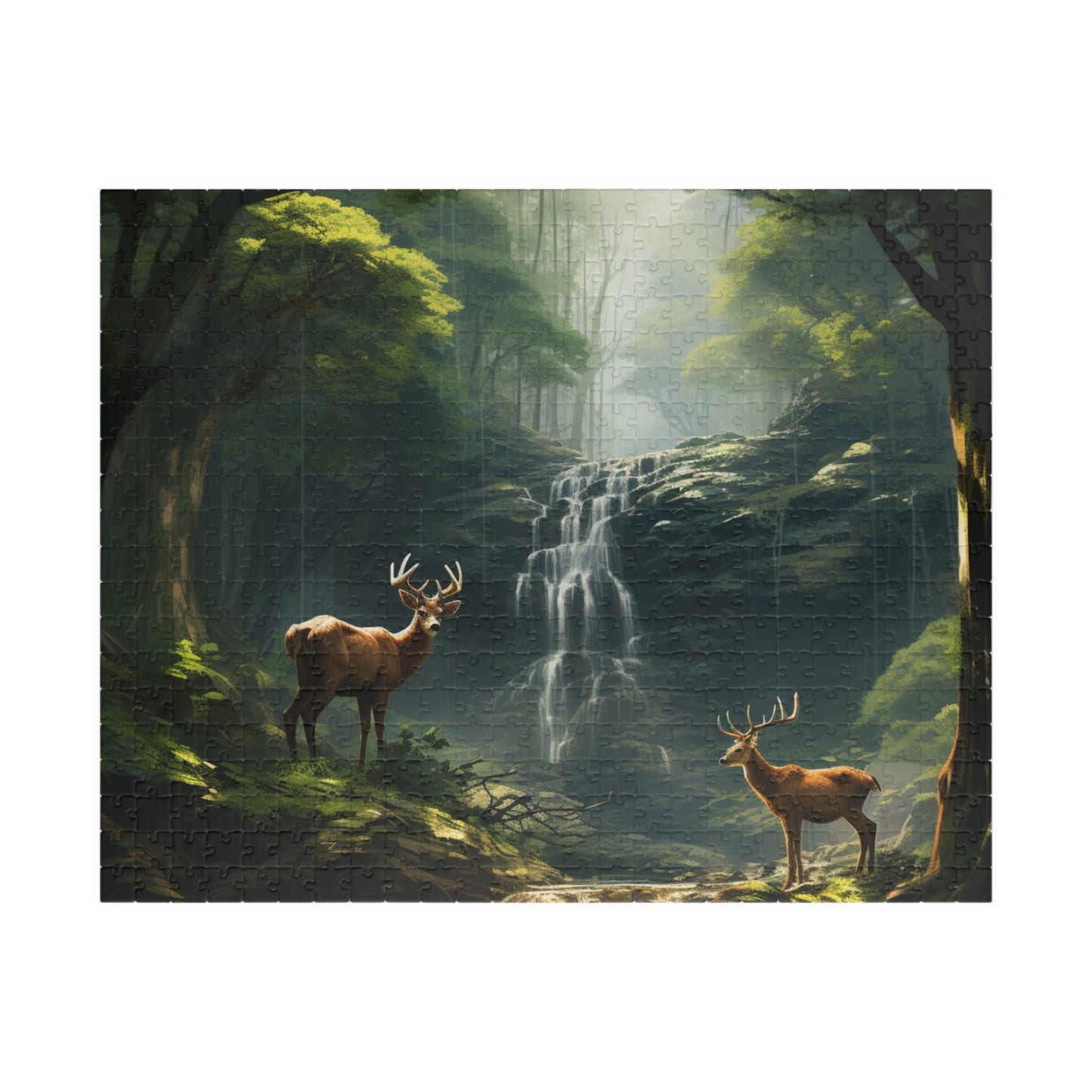 Deer in the Woods Puzzle (500, 1014-piece) | Animal Life Nature Trees Waterfall Light God's Creatures Stag Doe Buck Flora Fauna