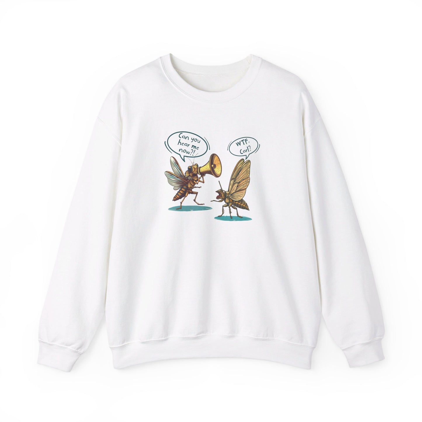 Retro Cicada Cartoon Unisex Crewneck Sweatshirt, 50% Cotton/50% Polyester Blend, 8.0 oz/yd² (271.25 g/m²), Medium-Heavy Fabric, White