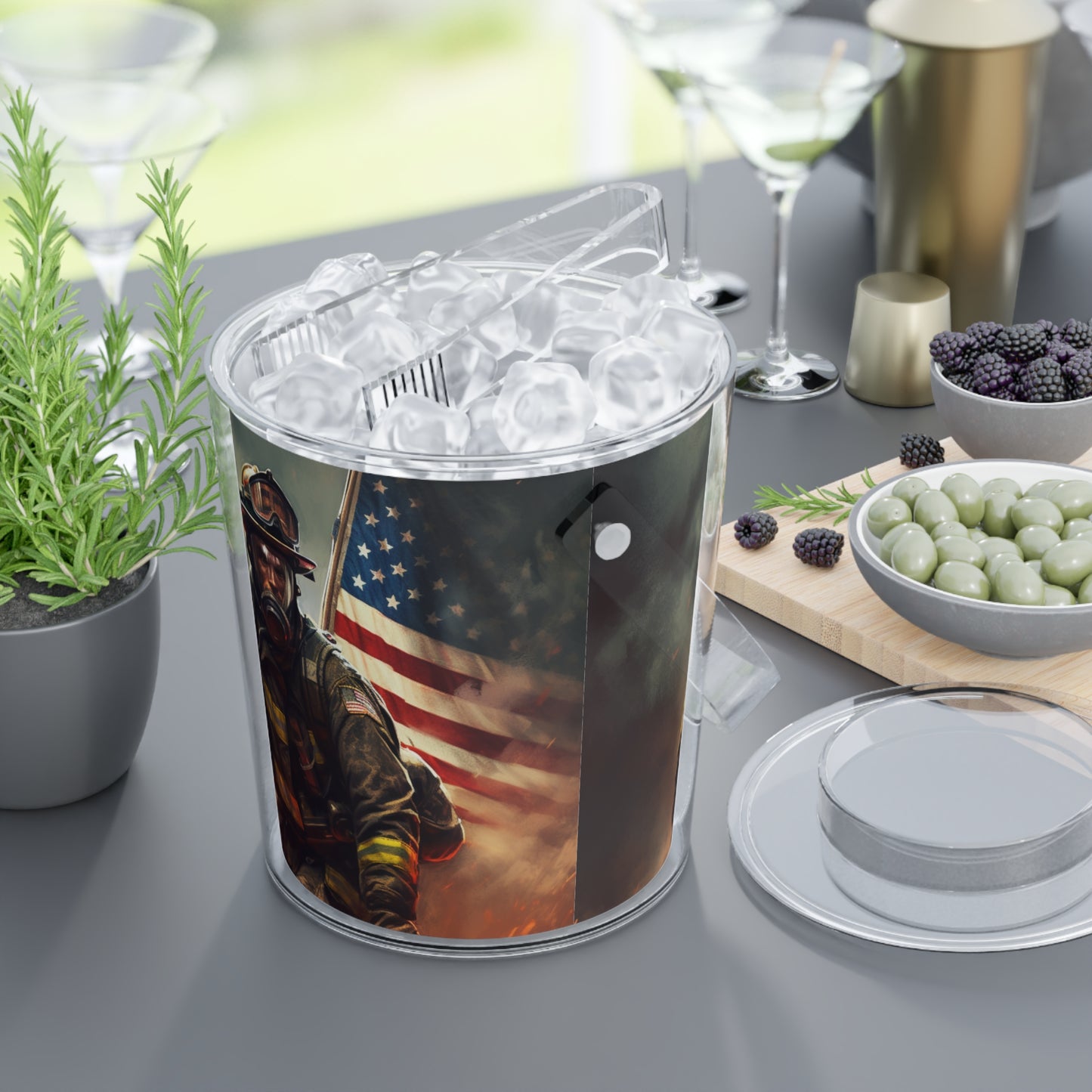 American Firefighter Themed Ice Bucket with Tongs, 3 qt Capacity, Acrylic Lucite, Wraparound Print