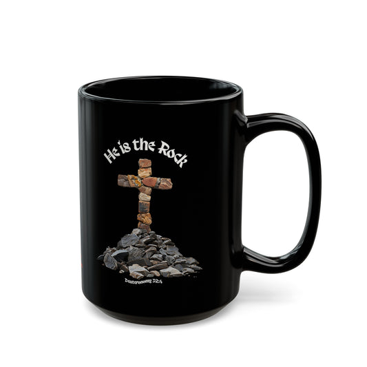 Ceramic Coffee Mug with Rock Cross Image and Bible Verse, 11oz and 15oz Sizes, Black and White, "He is the Rock" Deuteronomy 32:4