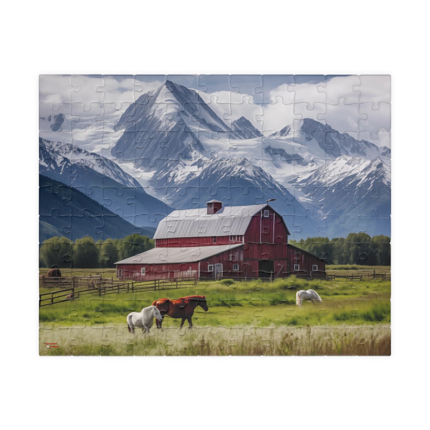 Country Scenic Puzzle with Red Barn, Horses, Mountains, 110-1014 Pieces Beautiful Scenic Country Living Horses Jig Saw America Family Fun Tabletop Indoor Games