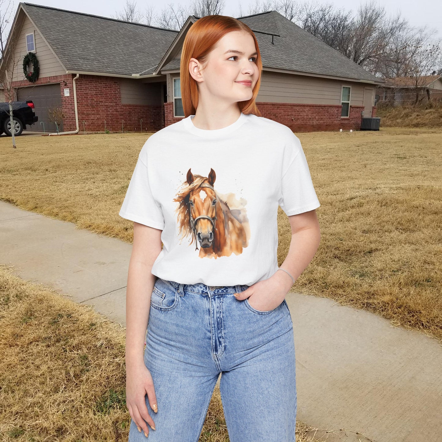 Horse Print T-Shirt, Short Sleeve, White or Natural, Ring-Spun Cotton, Horse Image, Comfort Fit, American Quarter Horse