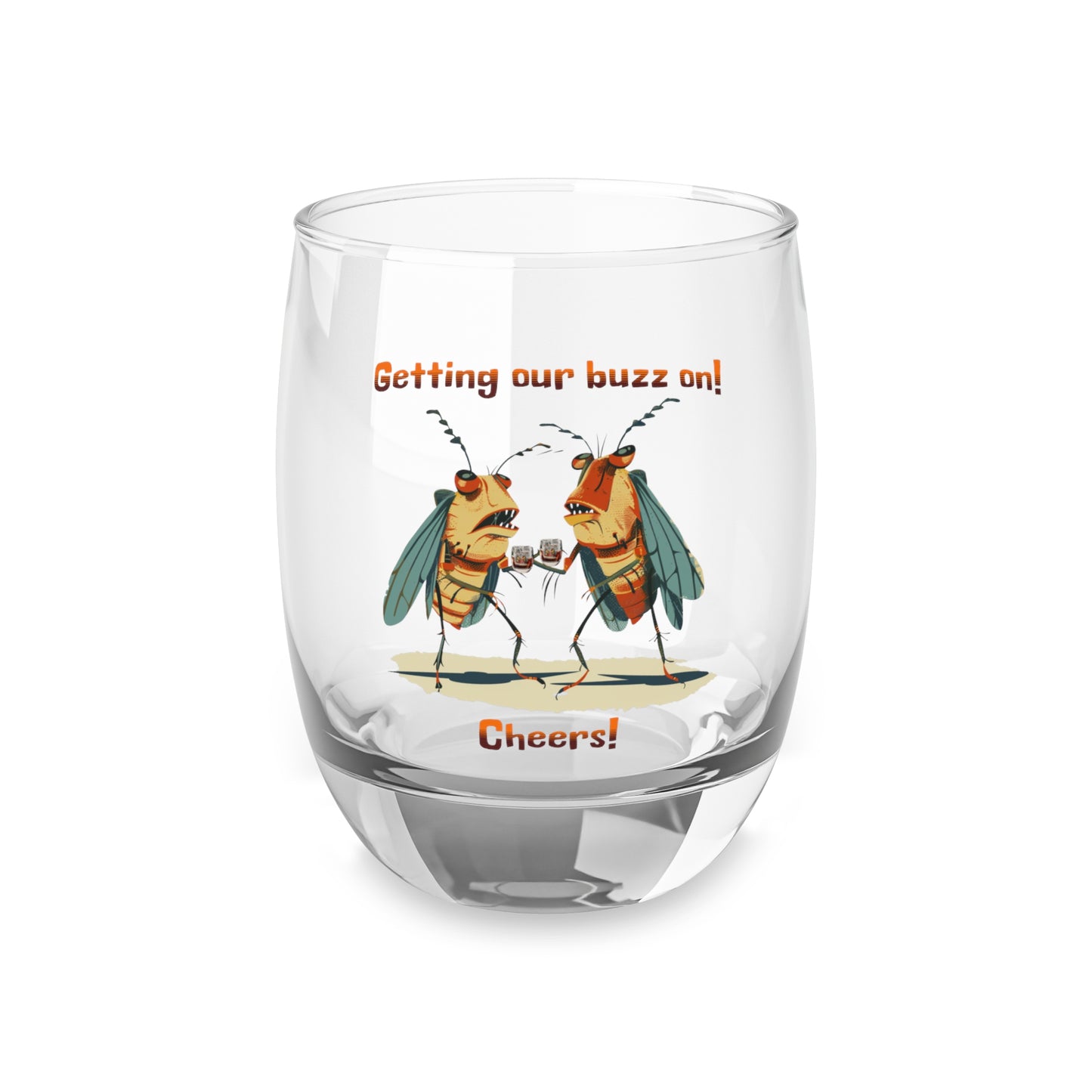 Whiskey Glasses with Cicada Cartoon Print, 6 oz (0.17L), 'Getting Our Buzz On!' Vibrant Colors, Modern Design, Bourbon Glass