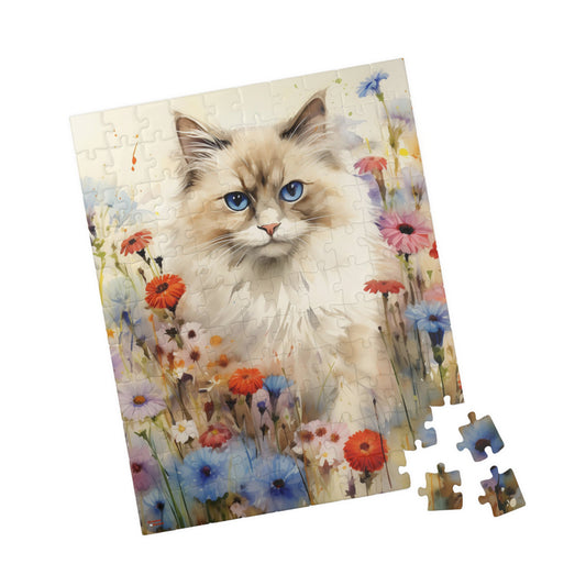 Ragdoll Cat in Wildflowers Watercolor Puzzle, 100% Chipboard, 110-1014 Pieces, Glossy Laminated Finish Feline Pussycat Kitten Family Pet Jig Saw Animals Girls Women Lady