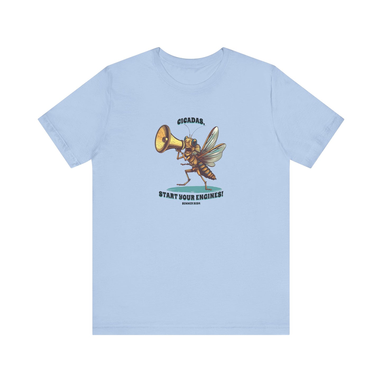 Unisex Cicada Graphic Jersey Tee, Short Sleeve, 'Cicadas, Start Your Engines' Summer 2024 100% Cotton (White) or 52% Cotton/48% Polyester (Natural, Baby Blue)