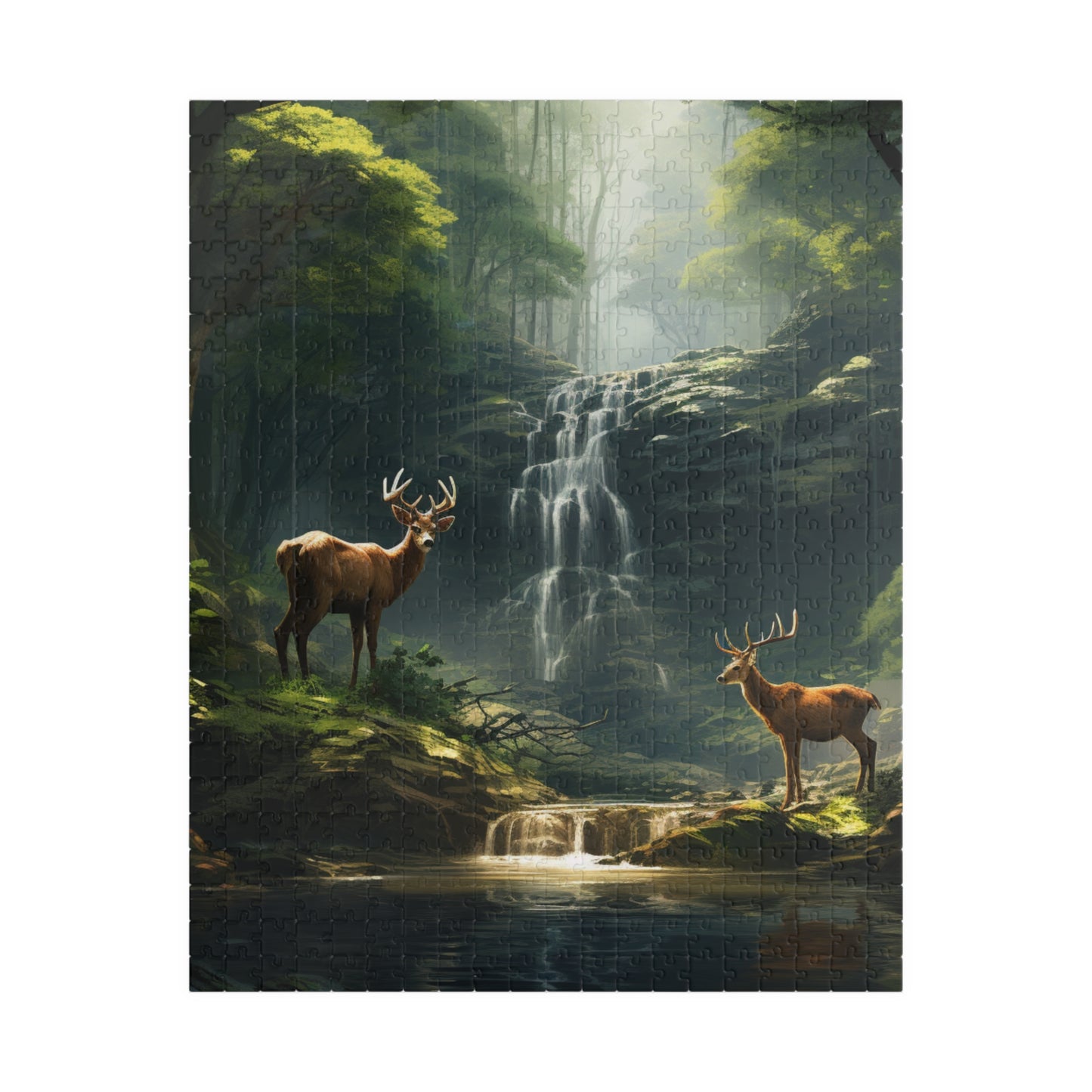 Deer in the Woods Puzzle (500, 1014-piece) | Animal Life Nature Trees Waterfall Light God's Creatures Stag Doe Buck Flora Fauna