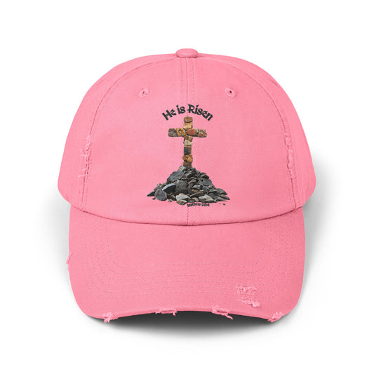 Unisex Distressed Cap with Cross, 'He is Risen' Text, Matthew 28:6 Verse, 7 Colors, One Size, 100% Cotton Twill