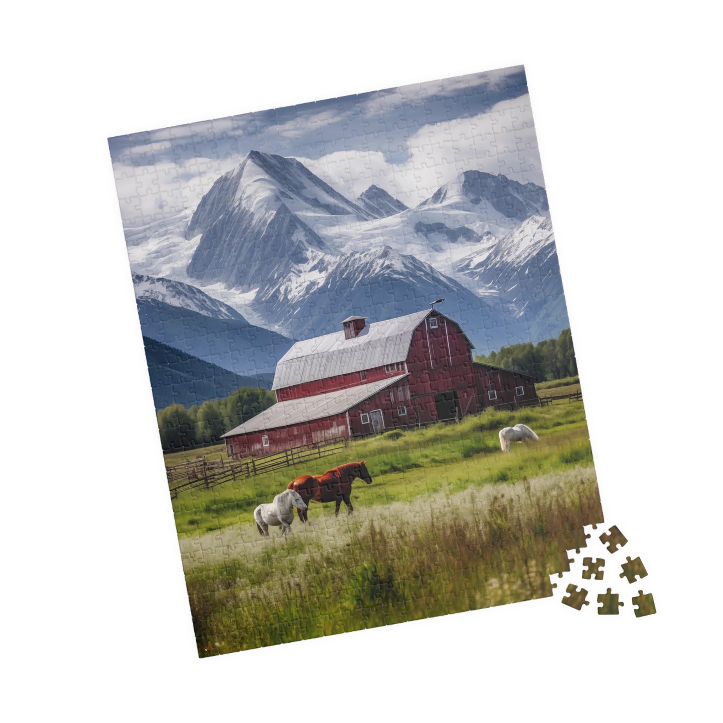 Country Scenic Puzzle with Red Barn, Horses, Mountains, 110-1014 Pieces Beautiful Scenic Country Living Horses Jig Saw America Family Fun Tabletop Indoor Games