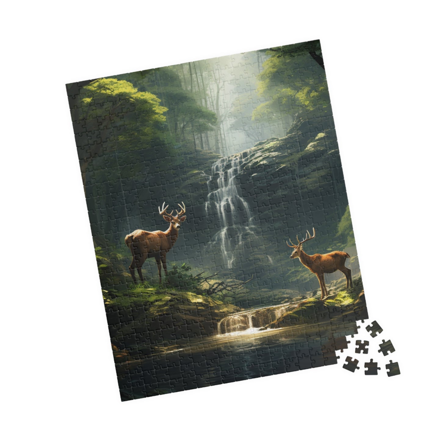 Deer in the Woods Puzzle (500, 1014-piece) | Animal Life Nature Trees Waterfall Light God's Creatures Stag Doe Buck Flora Fauna