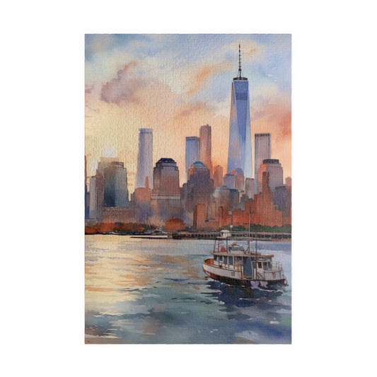 New York City Skyline Sunset Jigsaw Puzzle, 110-1014 Pieces, Glossy Finish, Hudson River and Boat Scene