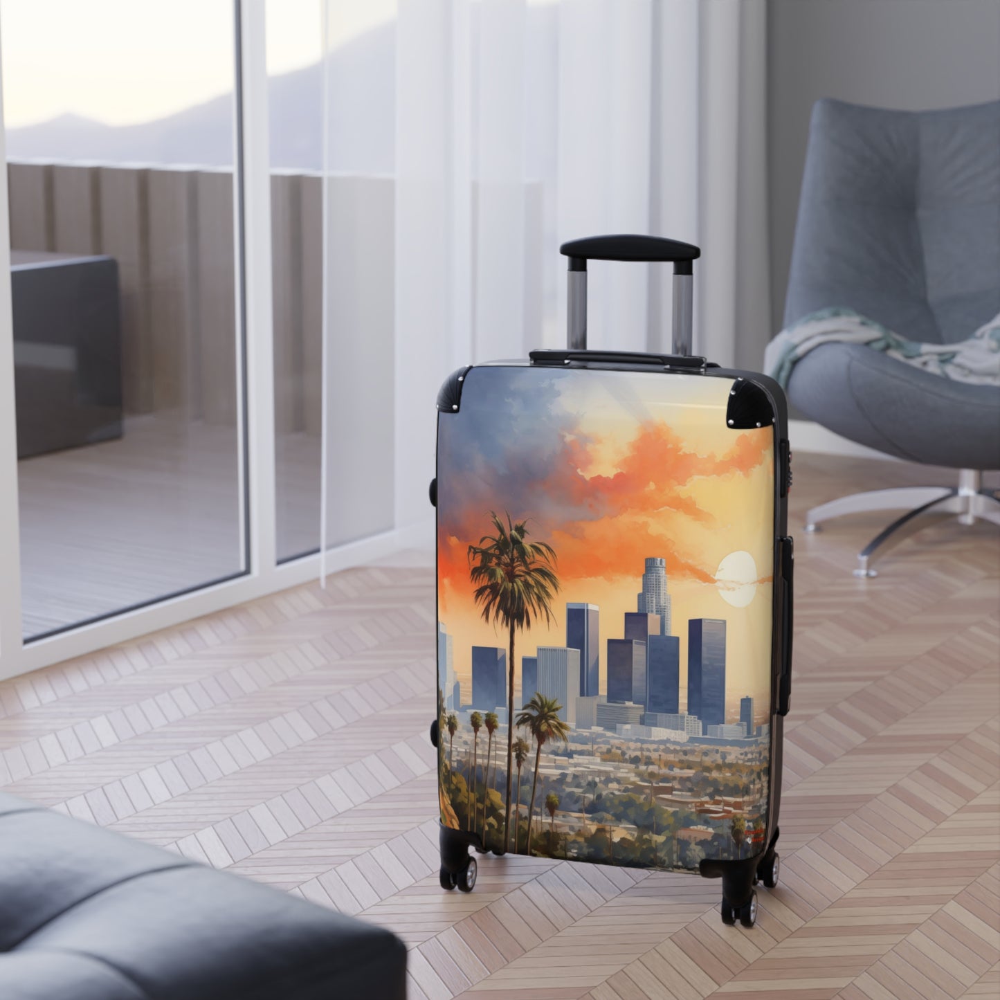 Los Angeles Suitcase | Cityscape Skyline City of Angels Bag Duffle Carry-On Watercolor Traveler California Sunset CA Garment Suit Case