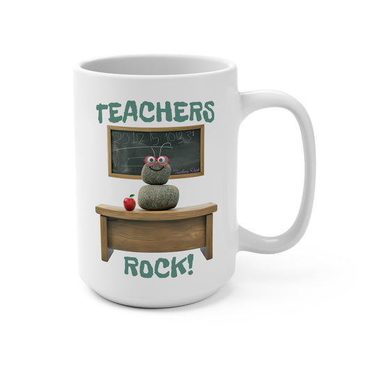 Teacher Gift Mug, 15oz White Ceramic, Cartoon Teacher Image, "Teachers Rock!"