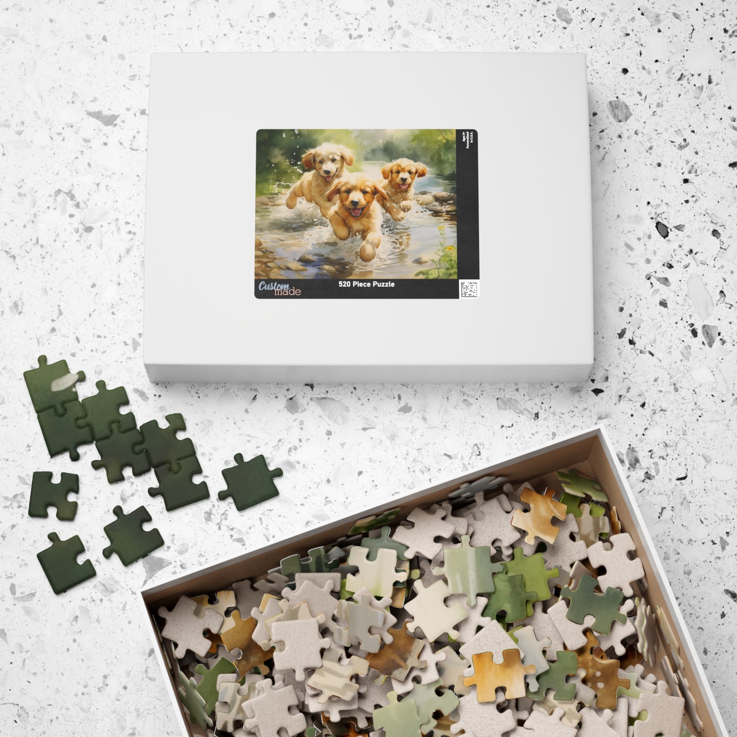 Three Golden Puppies Puzzle Jigsaw Cute Retrievers Playing in Stream Dog Dogs Watercolor Jig Saw