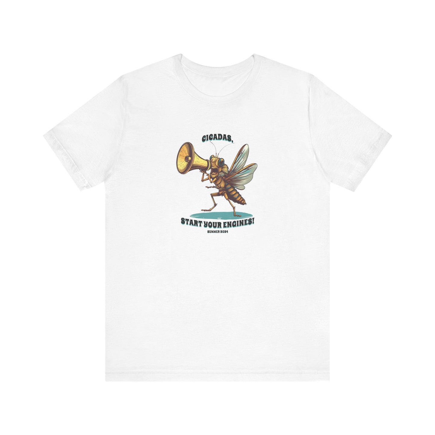 Unisex Cicada Graphic Jersey Tee, Short Sleeve, 'Cicadas, Start Your Engines' Summer 2024 100% Cotton (White) or 52% Cotton/48% Polyester (Natural, Baby Blue)