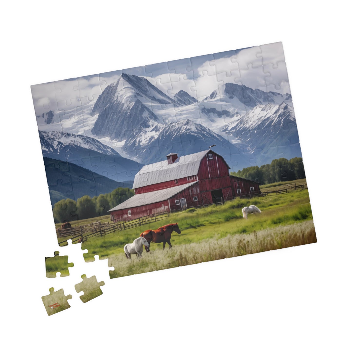 Country Scenic Puzzle with Red Barn, Horses, Mountains, 110-1014 Pieces Beautiful Scenic Country Living Horses Jig Saw America Family Fun Tabletop Indoor Games