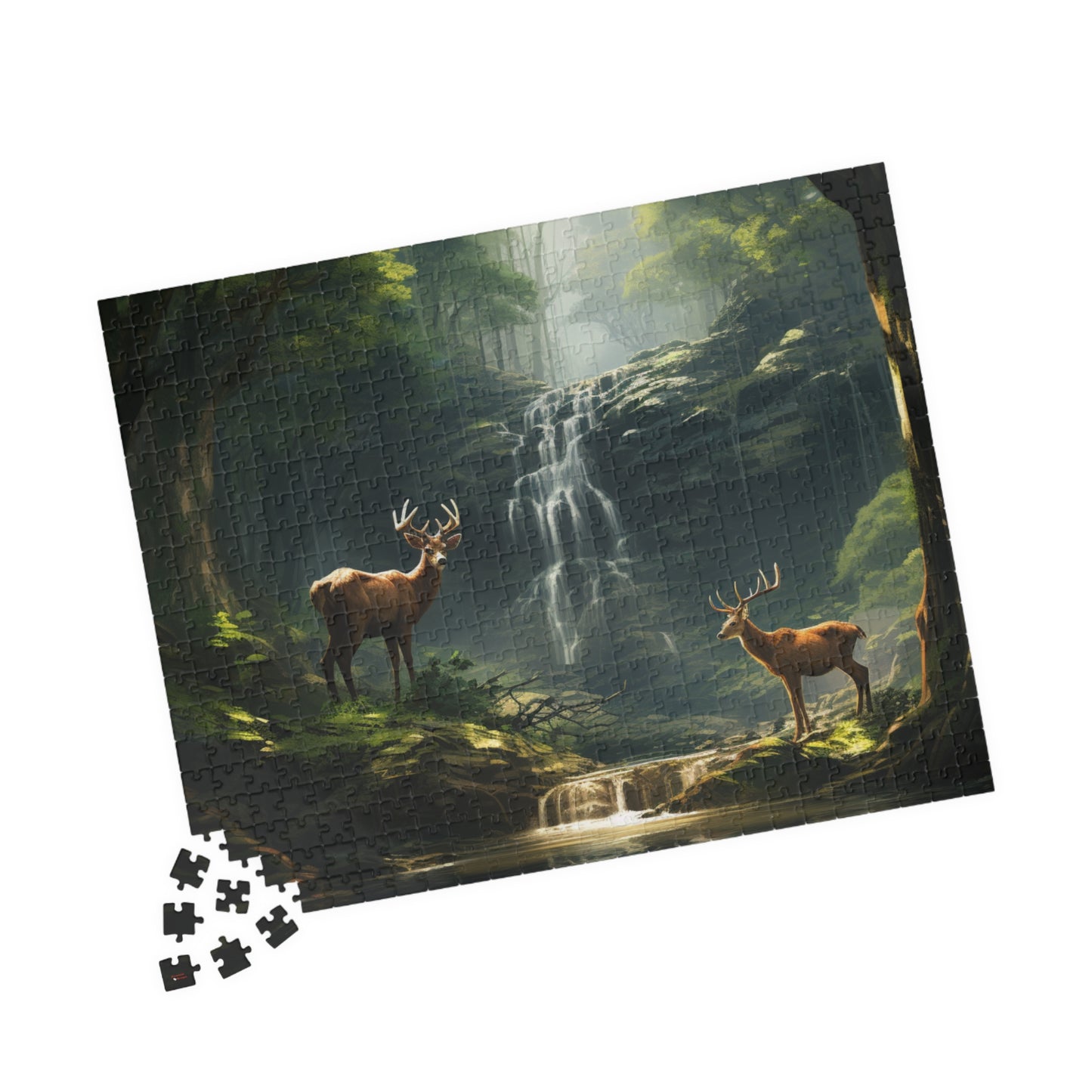 Deer in the Woods Puzzle (500, 1014-piece) | Animal Life Nature Trees Waterfall Light God's Creatures Stag Doe Buck Flora Fauna