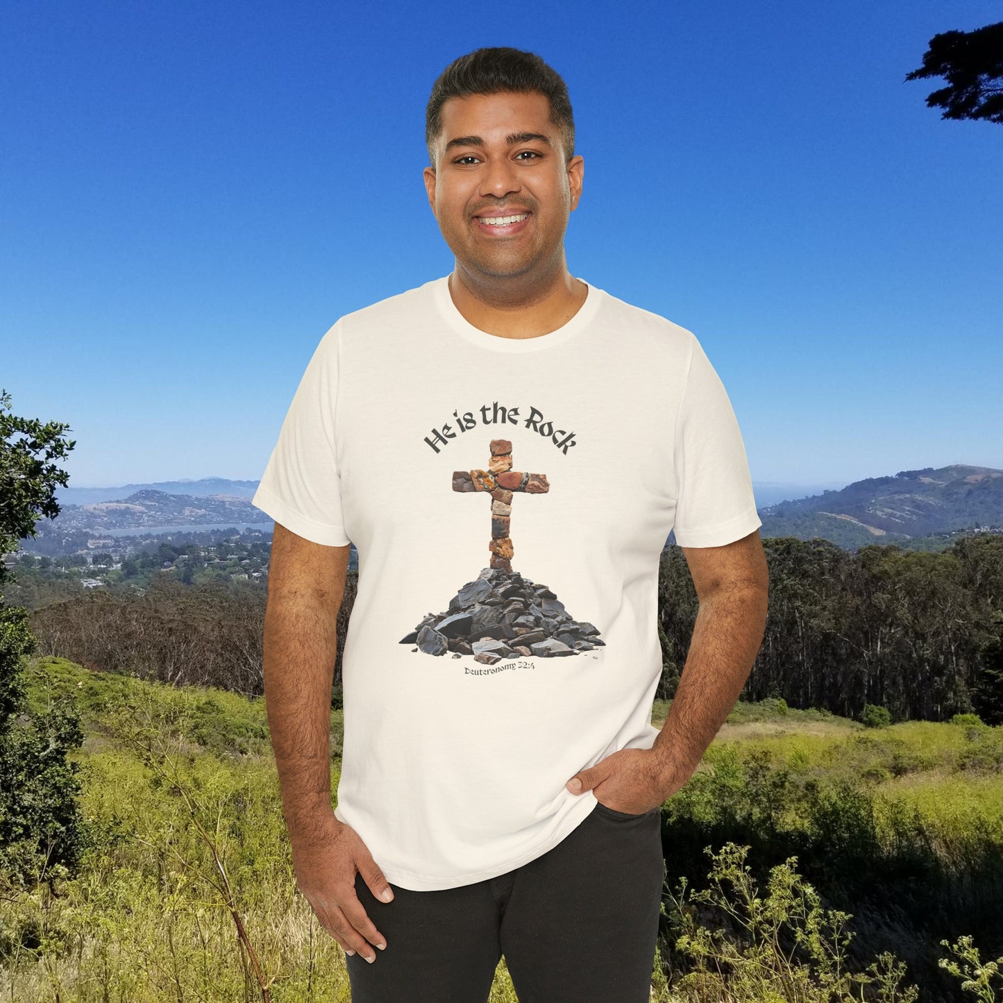 He is the Rock Cross T-Shirt, Small - XL, White or Solid Colors, Unisex Jersey Short Sleeve