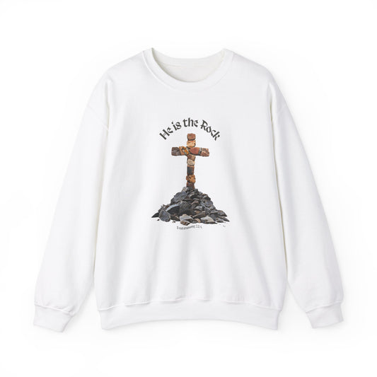 Cross Sweatshirt with Crucifix Rock Motif and Bible Verse, Unisex Heavy Blend™ Crewneck Sweatshirt, Classic Fit, S-XL, White, Navy, Sand, Black