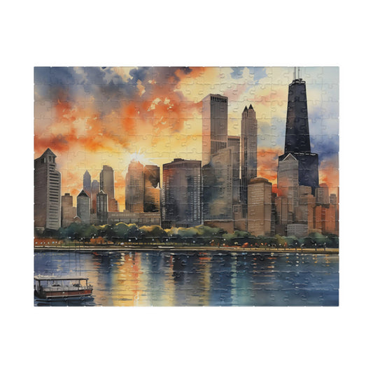 The Windy City Puzzle (110, 252, 520, 1014-piece) 1000 Piece Watercolor Chicago Skyline Jig Saw Cityscape Family Games Painting Wall Art