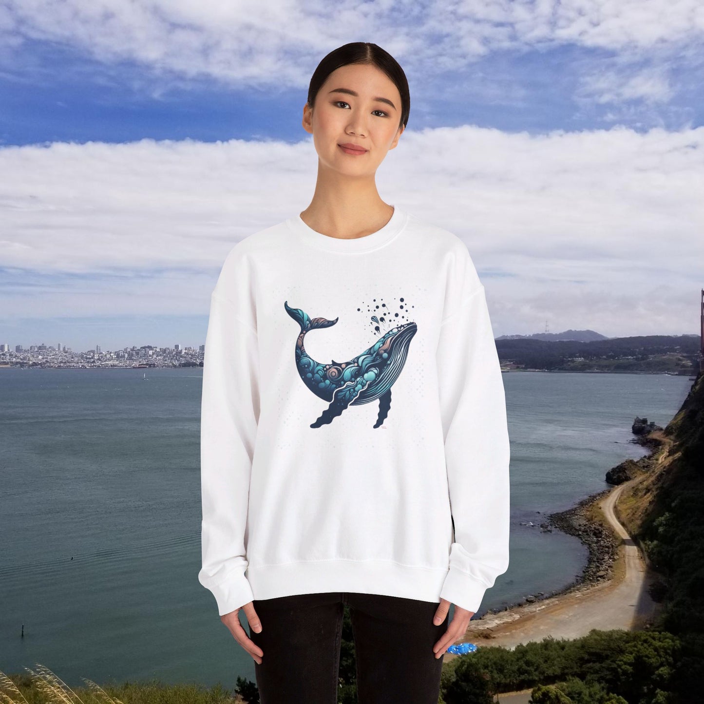 Whale Print Sweatshirt, Unisex Heavy Blend™ Crewneck Sweatshirt, Abstract Humpback Design, Poly-Cotton Comfort Fit