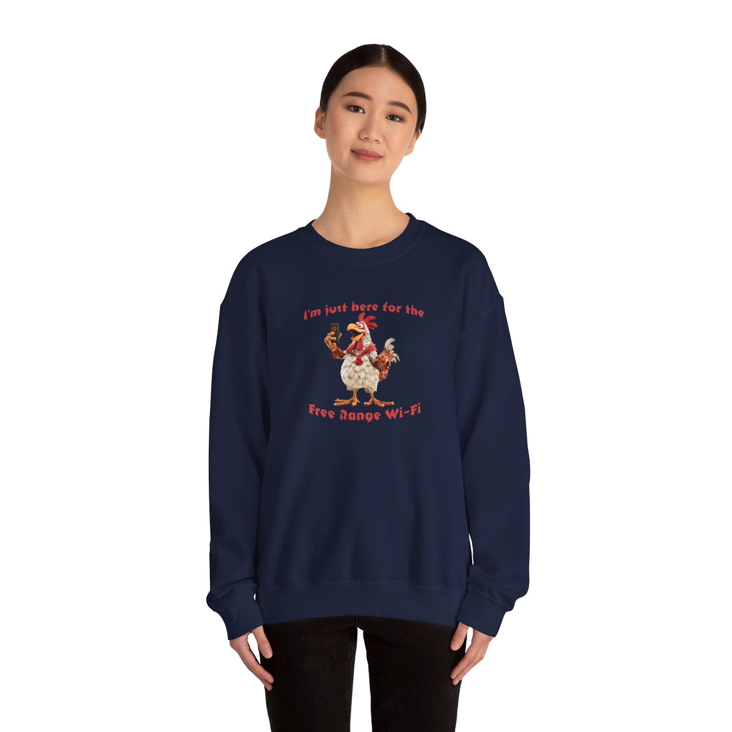 Chicken Funny Print Unisex Crewneck Sweatshirt, 'I'm just here for the free range Wi-Fi', White/Black/Sand/Navy