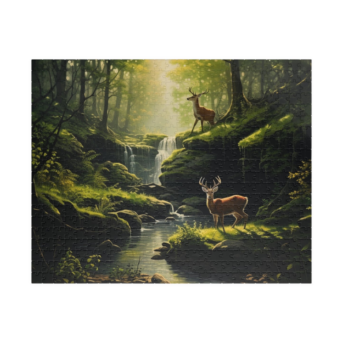 Nature's Wilderness Puzzle (500, 1014-piece) | Animal Life Nature Trees Waterfall Light God's Creatures Stag Doe Buck Flora Fauna