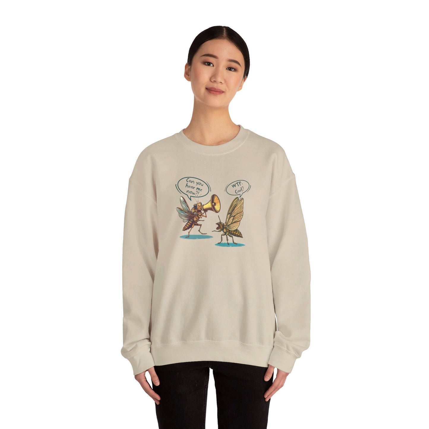 Retro Cicada Cartoon Unisex Crewneck Sweatshirt, 50% Cotton/50% Polyester Blend, 8.0 oz/yd² (271.25 g/m²), Medium-Heavy Fabric, White