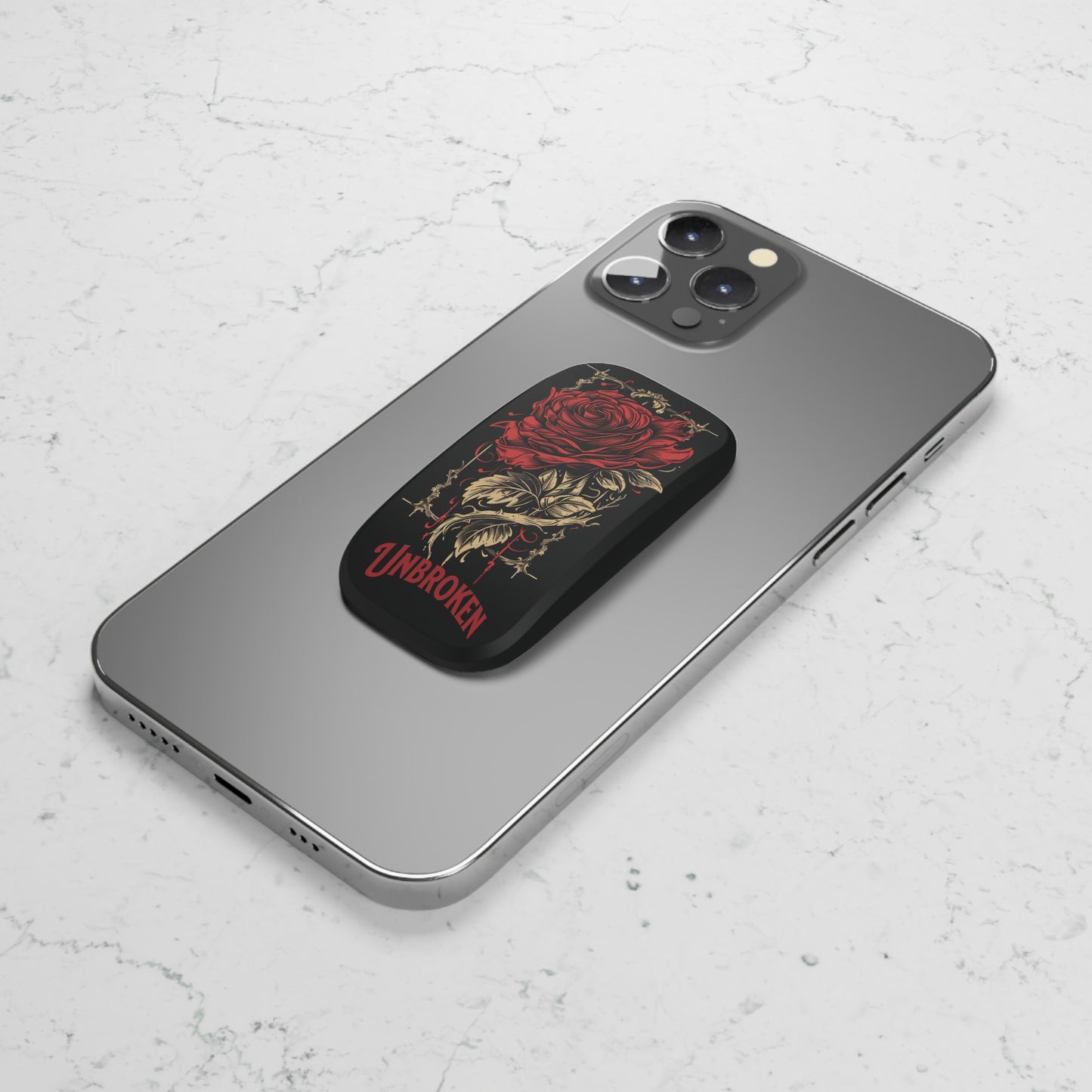 Unbroken Rose Phone Grip, Polycarbonate & Metal, Matte/Glossy Finish, Kickstand, Reusable Adhesive