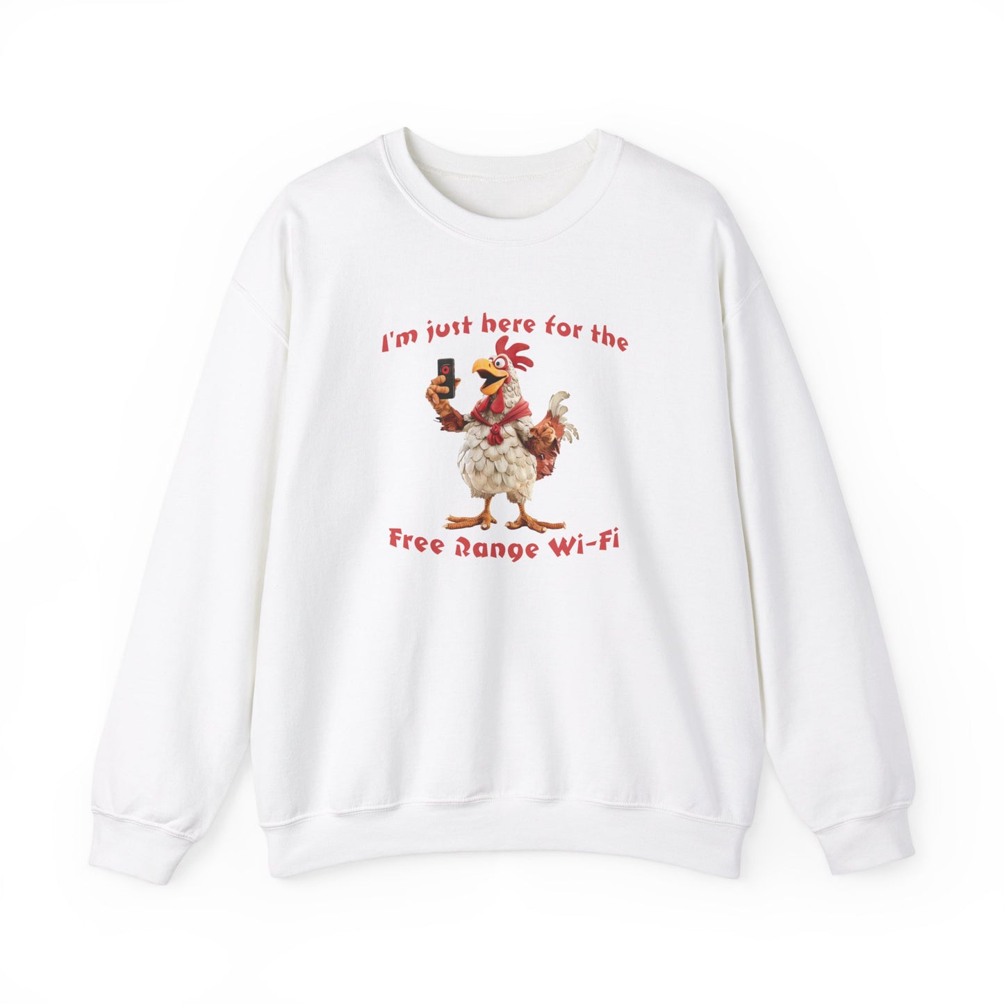 Chicken Funny Print Unisex Crewneck Sweatshirt, 'I'm just here for the free range Wi-Fi', White/Black/Sand/Navy