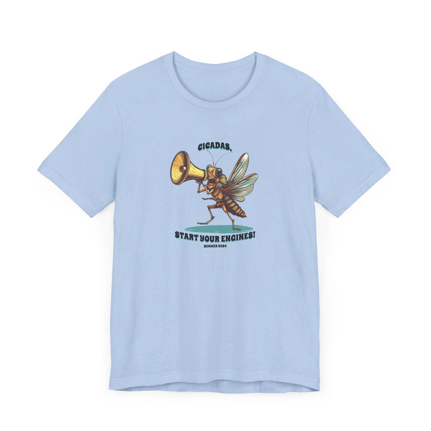 Unisex Cicada Graphic Jersey Tee, Short Sleeve, 'Cicadas, Start Your Engines' Summer 2024 100% Cotton (White) or 52% Cotton/48% Polyester (Natural, Baby Blue)