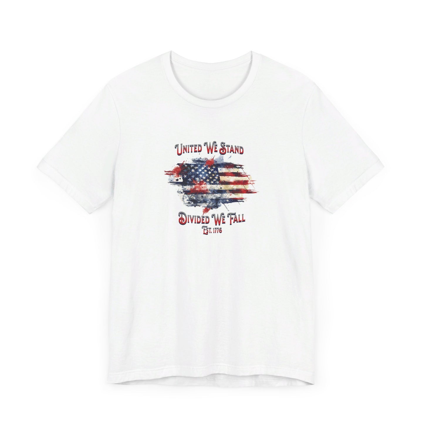 United We Stand Divided We Fall Est. 1776 American Flag Print, Bella+Canvas Unisex Jersey Short Sleeve Tee