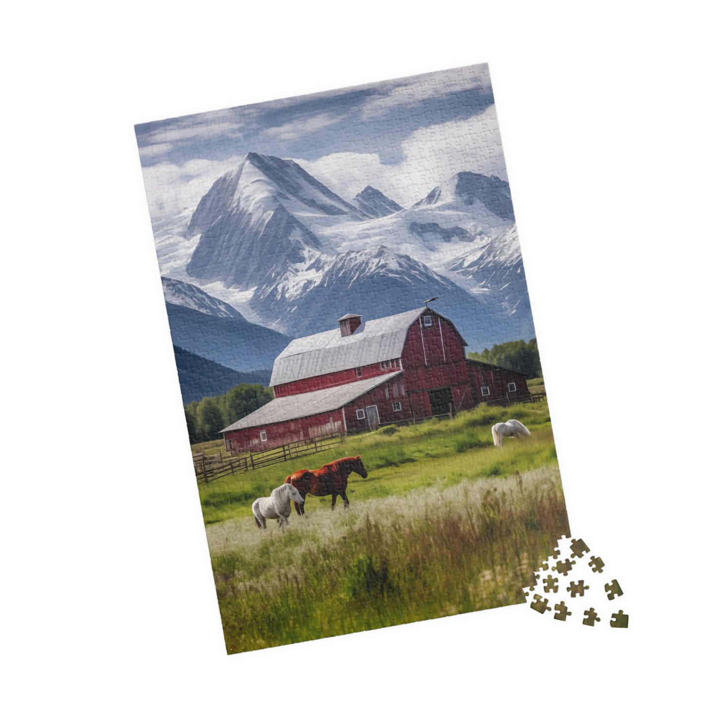 Country Scenic Puzzle with Red Barn, Horses, Mountains, 110-1014 Pieces Beautiful Scenic Country Living Horses Jig Saw America Family Fun Tabletop Indoor Games