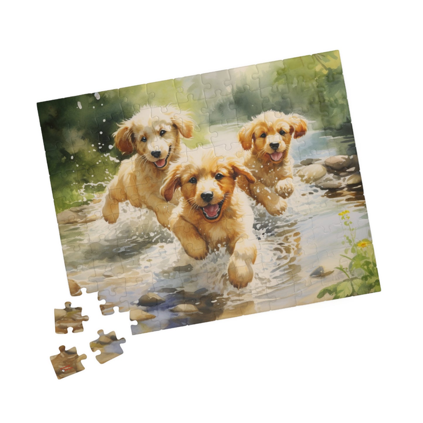 Three Golden Puppies Puzzle Jigsaw Cute Retrievers Playing in Stream Dog Dogs Watercolor Jig Saw