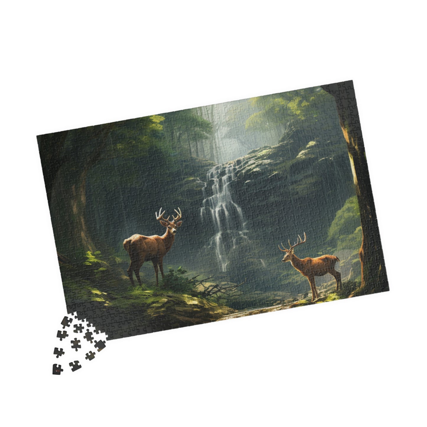 Deer in the Woods Puzzle (500, 1014-piece) | Animal Life Nature Trees Waterfall Light God's Creatures Stag Doe Buck Flora Fauna