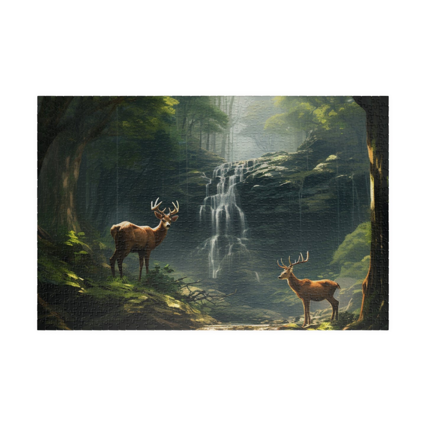 Deer in the Woods Puzzle (500, 1014-piece) | Animal Life Nature Trees Waterfall Light God's Creatures Stag Doe Buck Flora Fauna