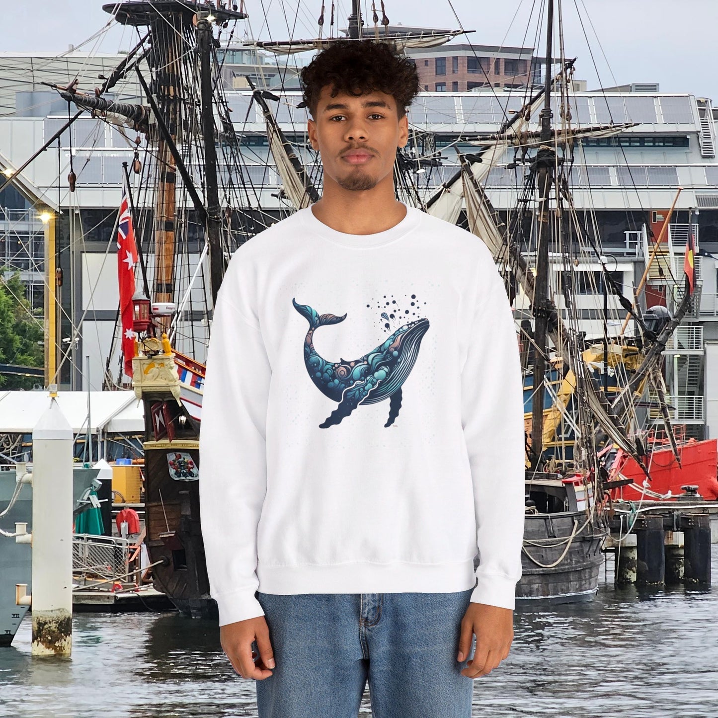 Whale Print Sweatshirt, Unisex Heavy Blend™ Crewneck Sweatshirt, Abstract Humpback Design, Poly-Cotton Comfort Fit