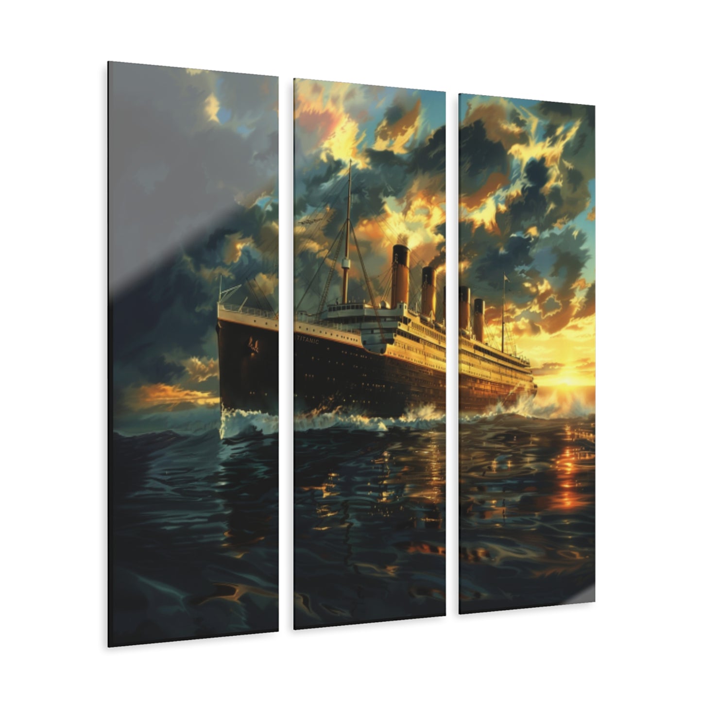 Titanic Acrylic Wall Art Triptych, 36x12 inches Horizontal or 12x36 inches Vertical, Watercolor Image, Hand Polished, Includes Hanging Hardware