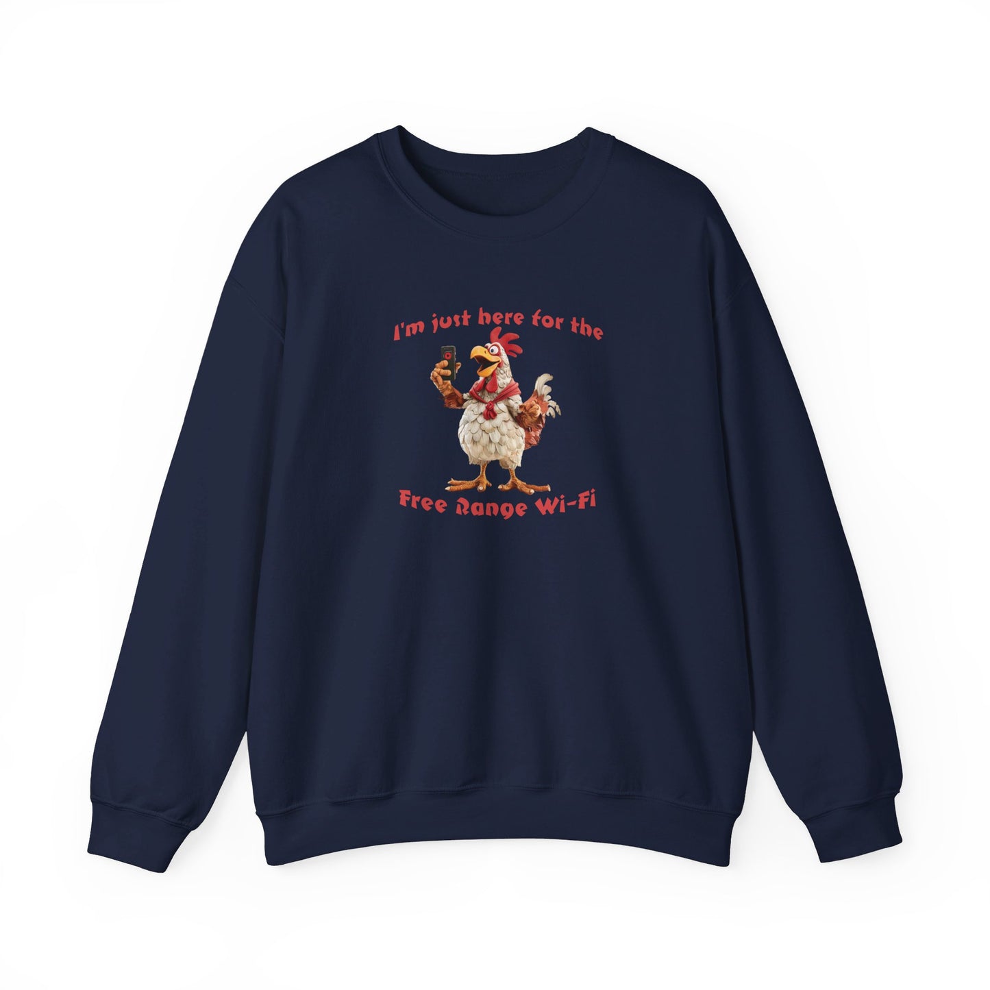 Chicken Funny Print Unisex Crewneck Sweatshirt, 'I'm just here for the free range Wi-Fi', White/Black/Sand/Navy