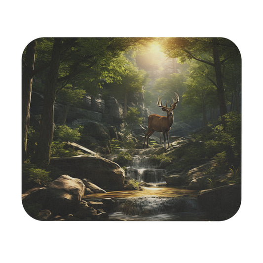 Nature's Beauty Mouse Pad (Rectangle) | Deer Buck Stag Waterfall Creek Stream Forest Woods Trees Sunlight Beauty Wilderness Flora Fauna